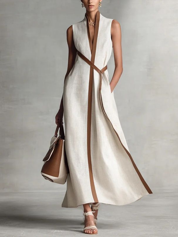 Women's Cotton Linen V-Neck Sleeveless Dress with Waist Belt - Elegant Fashion Spring/Summer Casual Thin Dress_ecoleips.com