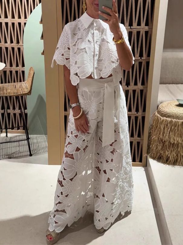 Fashion Casual Embroidered Lace Blouse High Waist Hollow Out Long Set Versatile Top Wide Leg Pants For Women_ecoleips.com
