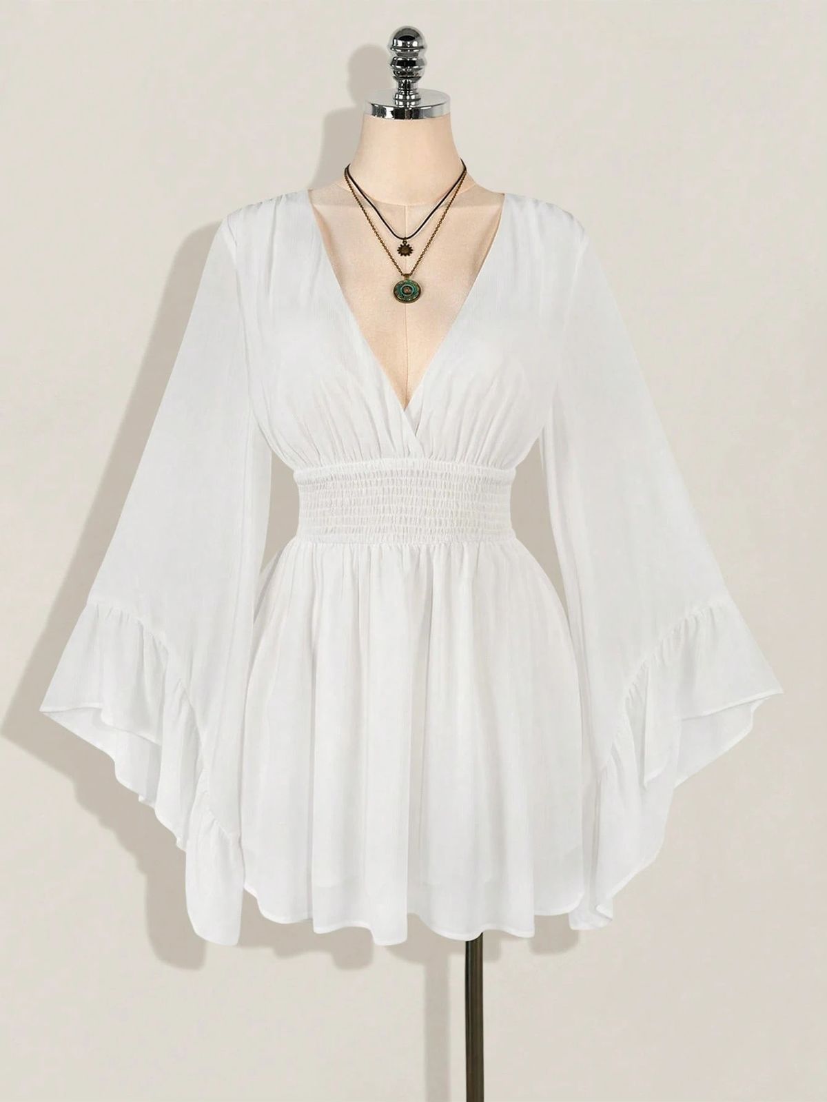 New 2025 Style Women's Deep V Neck Waist Cinching Dress with Flared Sleeves Short Fashionable Mesh Sexy Solid Color Top_ecoleips.com
