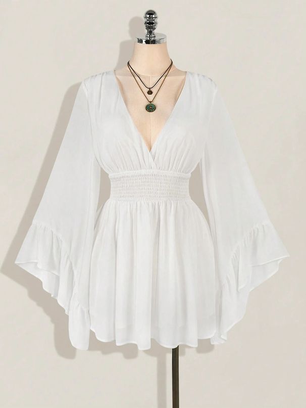 New 2025 Style Women's Deep V Neck Waist Cinching Dress with Flared Sleeves Short Fashionable Mesh Sexy Solid Color Top_ecoleips.com