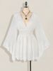 New 2025 Style Women's Deep V Neck Waist Cinching Dress with Flared Sleeves Short Fashionable Mesh Sexy Solid Color Top_ecoleips.com