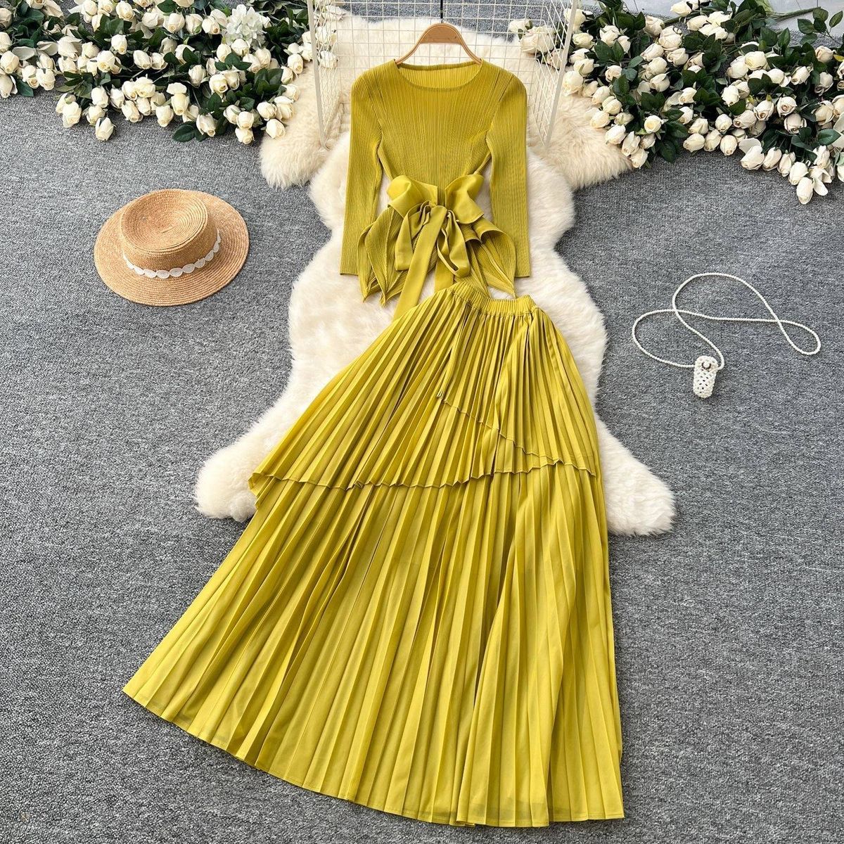 Women's Clothing Pleated Tie Waist Irregular Hem Pleated Top Pleated Skirt Suit For Women_ecoleips.com