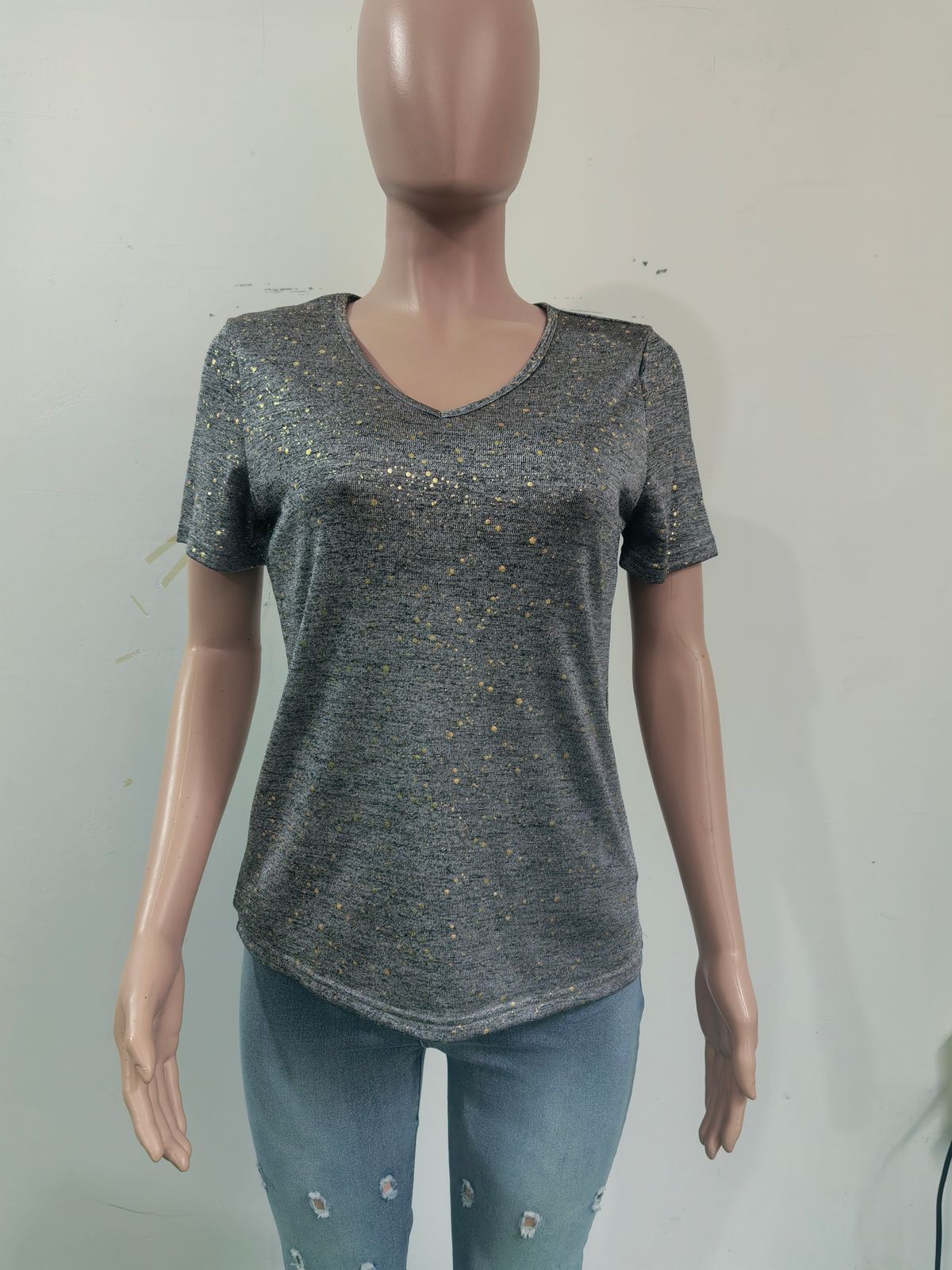 Women's Silver Glitter V-Neck Short Sleeve T-Shirt Slim Fit European American Style Top for Nightclubs Casual Summer Fashion_ecoleips.com