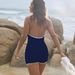 Women Halter Boyleg One Piece Swimsuit Navy White Trim High Cut Backless Sport Bathing Suit Conservative Athletic Swimwear_ecoleips.com