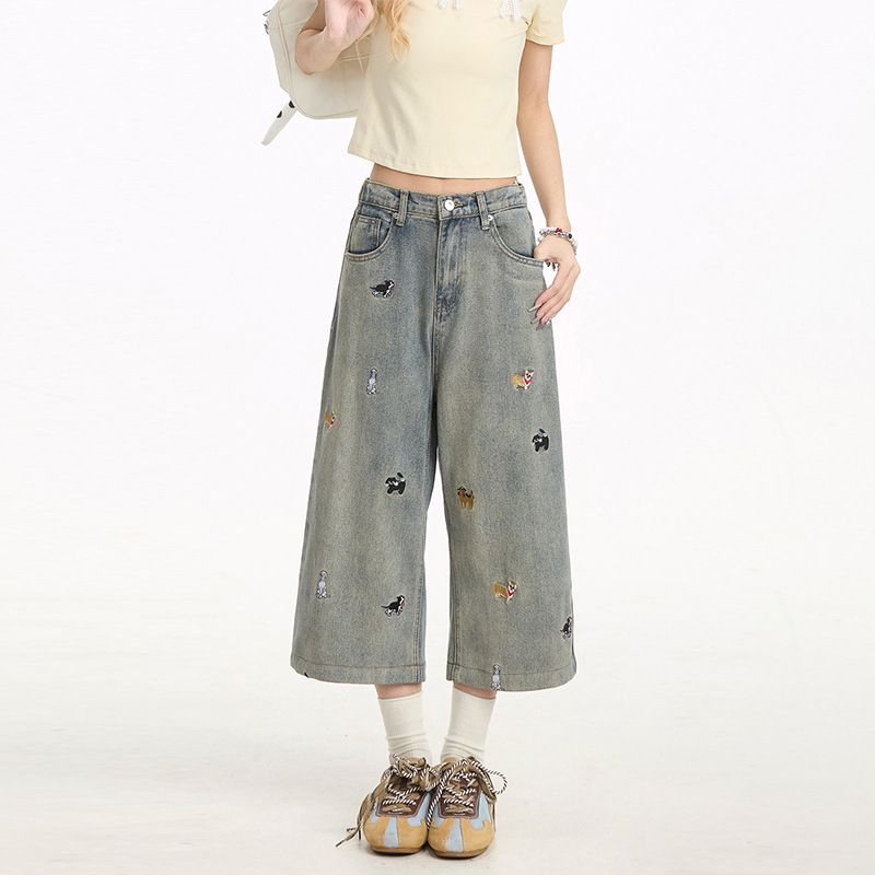 Women's Clothing Women's Distressed Washed Loose Straight Wide Leg Capri Pants Puppy Embroidery For Formal & Casual For Women_ecoleips.com