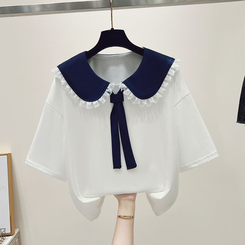 Women's Clothing Women's Fashionable Two-Piece Set With Navy Collar Lace Trimmed Faux Top Paired With Ethnic Style Style Jeans_ecoleips.com