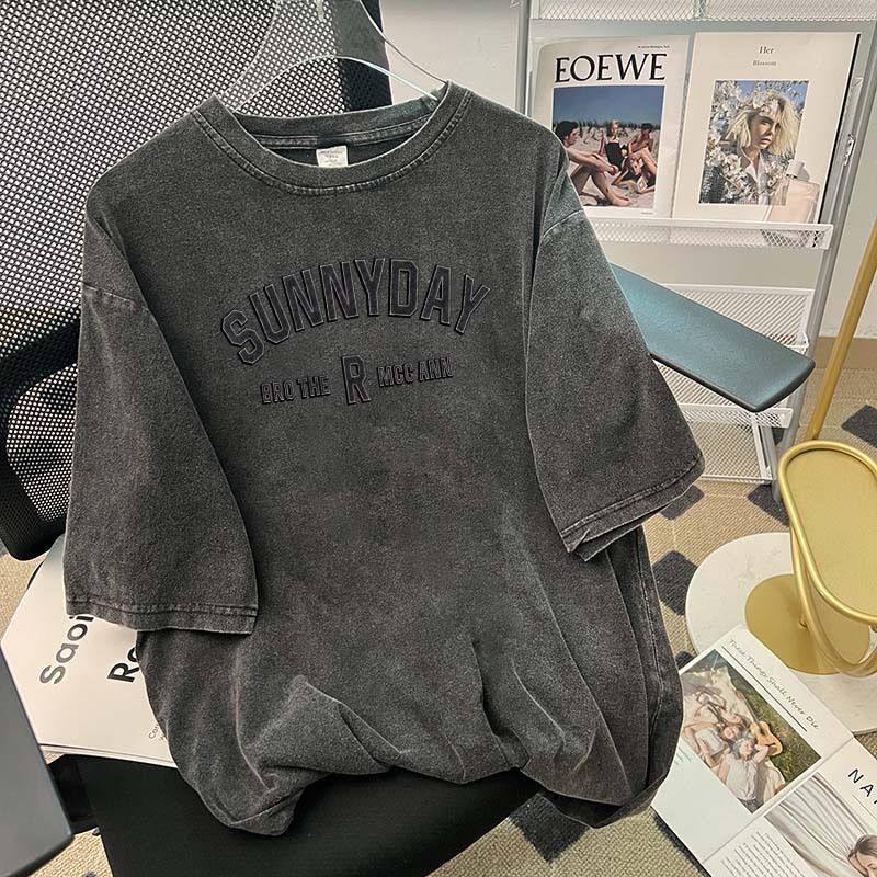Women's Clothing High Street Fashion Retro Washed Distressed Short Sleeved T Shirt Summer Oversize Loose Cotton Top_ecoleips.com