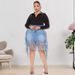 Plus Size Denim Mini Skirt With Fringe, High Stretch Washed Cotton Short Skirt For Women_ecoleips.com