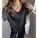 Women's Summer V-Neck T-Shirt Short Sleeve Loose Fit Korean Style Versatile Solid Color Casual Top Cotton_ecoleips.com