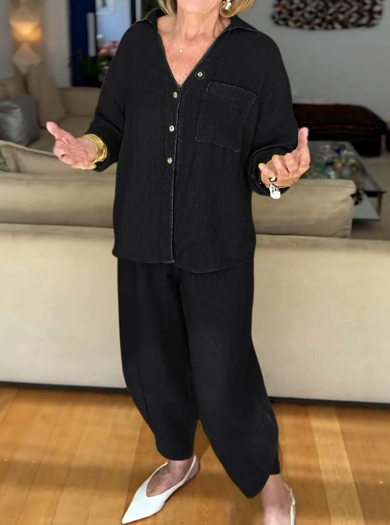 Women's Clothing Casual Cotton Linen Two Piece Set Elastic Waist Solid Color Pants With Shirt_ecoleips.com