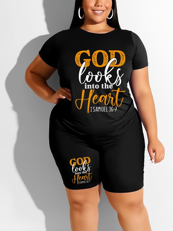 Summer Women's Casual Fashion GOD Letter Printed Loose T-shirt Shorts Two-piece Set Summer Sportswear Suitable For Daily Wear-173_ecoleips.com