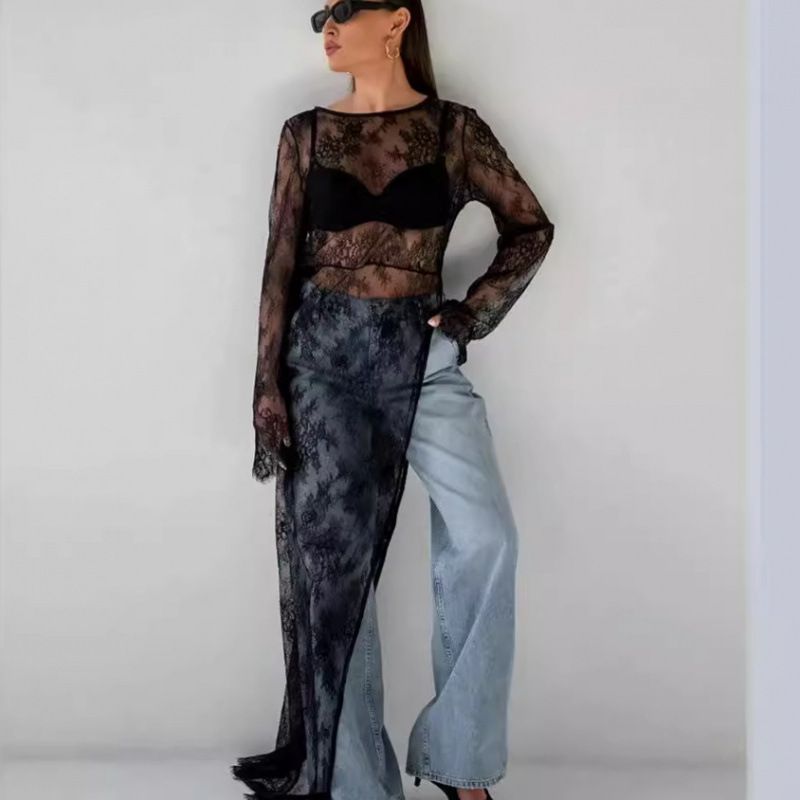 Lace-Embellished Sheer Dress With A Slit, Featuring A Chic Round Neckline And Long Sleeves, Perfect For Summer And Autum_ecoleips.com