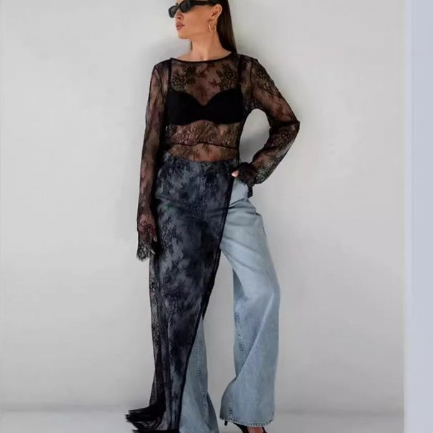 Lace-Embellished Sheer Dress With A Slit, Featuring A Chic Round Neckline And Long Sleeves, Perfect For Summer And Autum_ecoleips.com