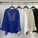 V-Neck Ramie Blouse With Pearl Bead Embroidery, Lightweight Loose-Fit Shirt For Sun Protection Breathable Ramie-Blend Fabric_ecoleips.com