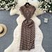 Women's Korean Chic Retro Striped Dress Polo Collar Short Sleeved Fitted Waist Elegant Slit Midi Skirt Summer Style Niche_ecoleips.com