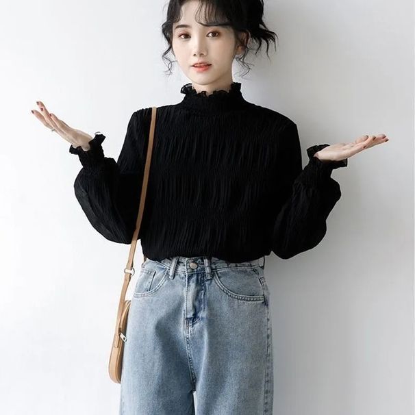 Top: Niche Design For Women, Spring, Autumn, Winter, White Turtleneck Lace Patchwork With Ruffled Edges, Long-Sleeve Bas_ecoleips.com