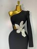 Elegant Luxury Black Bandage Party Dress Single Sleeve Cut Out White Pearl Embroidery Flower Midi Long Evening Prom Gowns SLN8_ecoleips.com