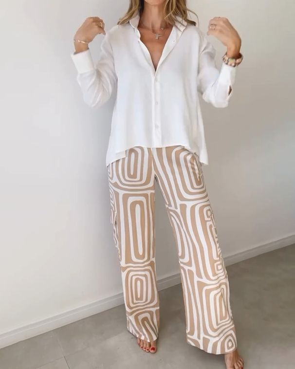 Elegant Shirt Print Pants Suits For Women Casual Lapel Tops Belt Wide Leg Pants Sets 2024 New Lady 2 Piece Set Vacation Suits_ecoleips.com