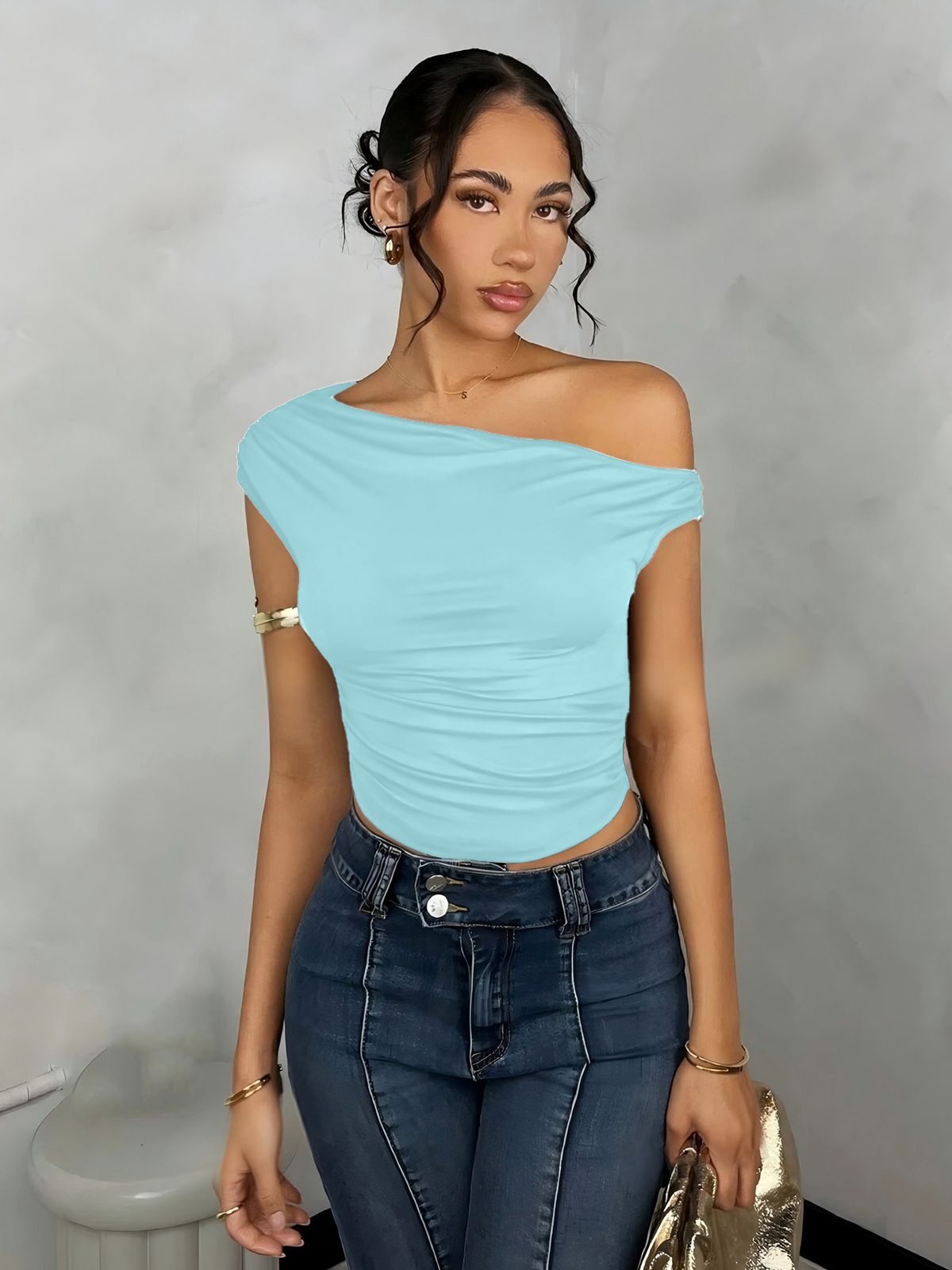 Women's Short Sleeved Asymmetrical Shoulder Top With Ruffles Solid Color For Autumn Spring_ecoleips.com