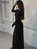 Hugcitar Autumn Elegant V Neck Long Sleeve Shoulder Pads Ruched Sexy Pleated Maxi Dress Women Evening Party Birthday Clothes_ecoleips.com