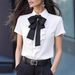 Women's Solid Color Lace-Up Bow Ruffle Short Sleeve Shirt Regular Fit Elegant Fashion Blouse for Spring/Summer_ecoleips.com