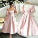 French Retro Satin Jacquard Midi Dress Square Neck Puff Sleeves Fitted Waist Full Skirt New Arrival 2026 Women's Party Wear_ecoleips.com