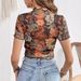 European And American Cross-border 2026 New Mesh Printed Ruffle Short-sleeve T-shirt Slim-fit Top For Women_ecoleips.com
