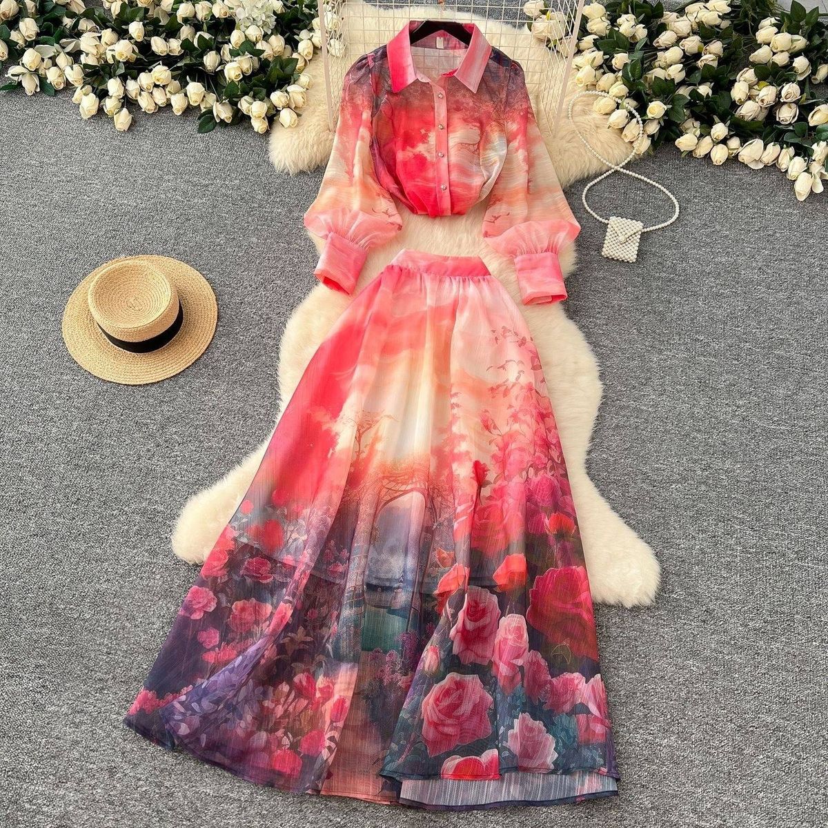 Women’s Clothing Celebrity High End Printed Suit For Women Lantern Sleeve Button Down Shirt + High Waist Wide Skirt_ecoleips.com
