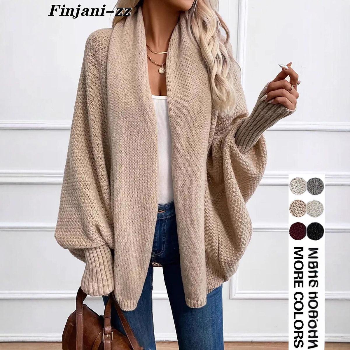 Women's Clothing Plus Size Knit Cardigan For Women - Elegant Long Sleeve Open Front Sweater, Semi-High Neck, Polyester Blend, Casual & Office Wear_ecoleips.com
