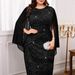 Elegant Plus Size Evening Dress With Silver Foil Accents & Cape Sleeves For Women – A-Line Long Dress In Black (Sizes 0XL-5XL)_ecoleips.com