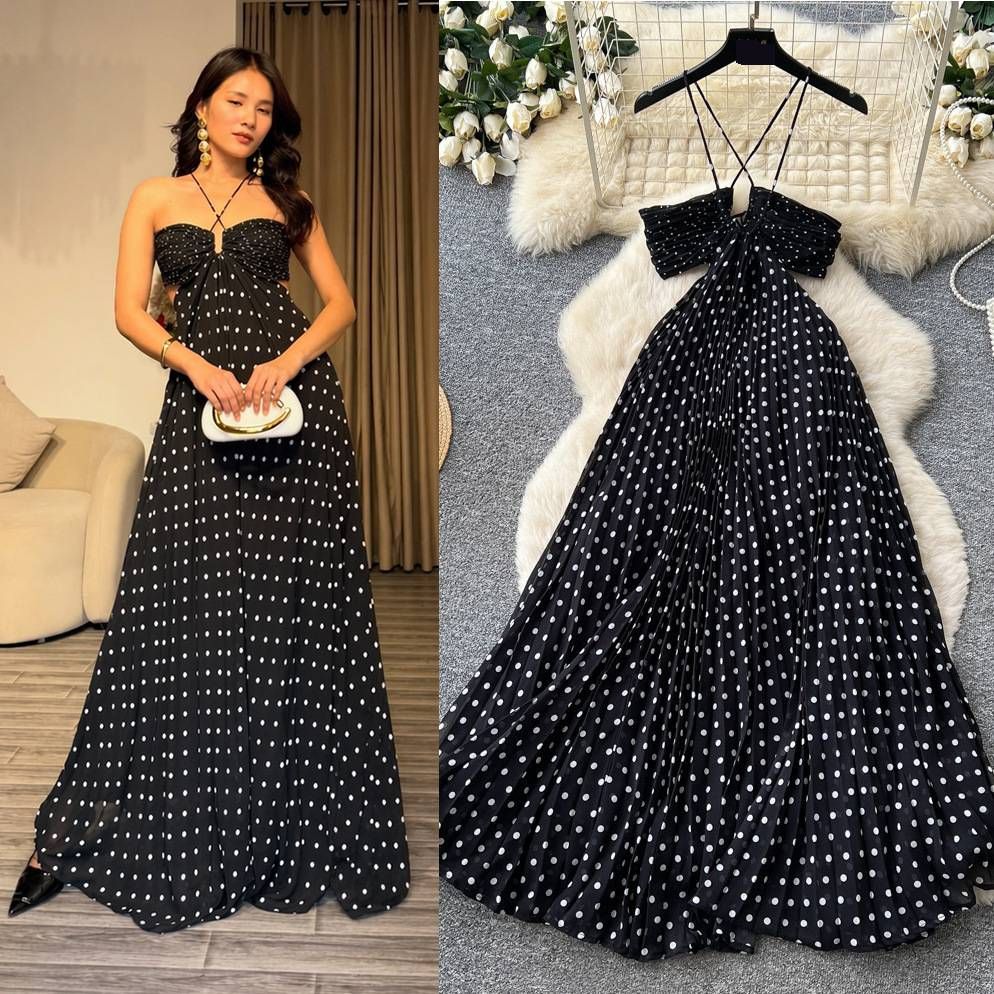 Women's Clothing Polka Dot Halter Neck Backless Dress Style Black V Neck Slim Waist Long Dress For Women Sexy High End Feel_ecoleips.com