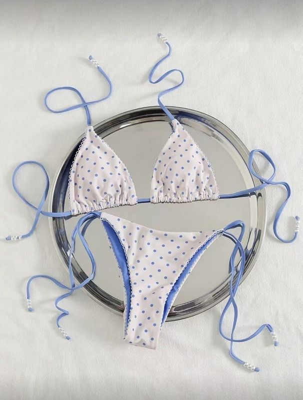 Blue Polka Dot Bikini Set Women's Two-Piece Swimsuit with Adjustable Straps Soft Summer Beach Swimwear_ecoleips.com