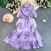 Women's Floral Ruffle Hem Maxi Dress with Puff Sleeves Elegant Romantic Design Flowy Chiffon One Size Fits Most_ecoleips.com