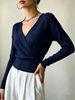 Women Cross Wrap V Neck Ribbed Knit Top Loose Long Sleeve Lightweight Hollow Texture Breathable Skin-friendly Cropped Knit Blouse_ecoleips.com