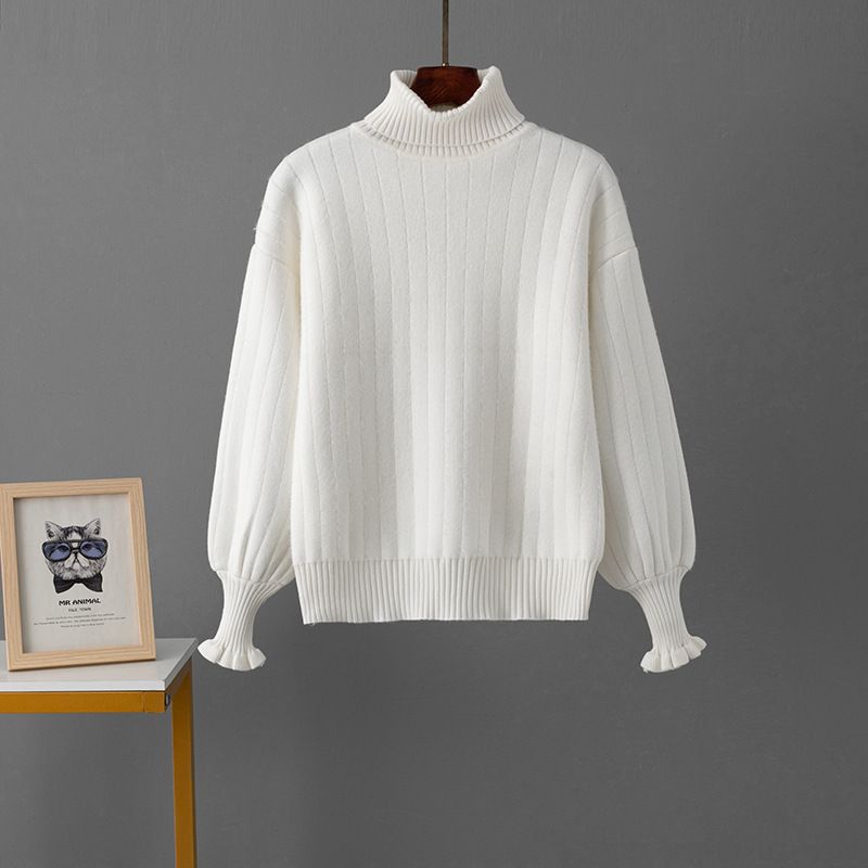 High Neck Fleece Lined Ribbed Sweater Women's Autumn Winter Knitwear Lazy Inner Style_ecoleips.com