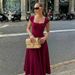 French-style Solid Color Back-tie Tight-fitting Dress, 2025 Winter New Fashion, Zippered Shoulder Strap Long Dress_ecoleips.com