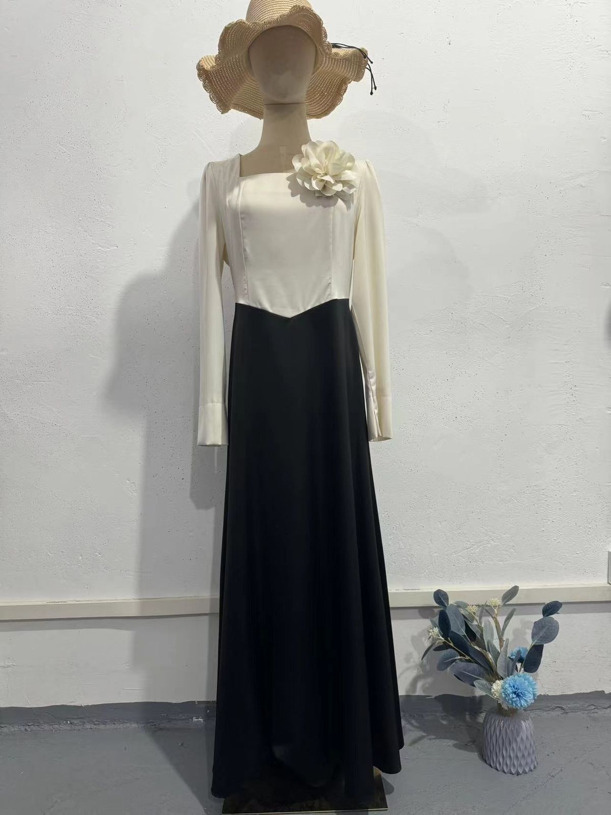 Women's Clothing Color Blocked Satin Long Dress Autumn Floral Slim Fit Women's Clothing Style With Accessories_ecoleips.com