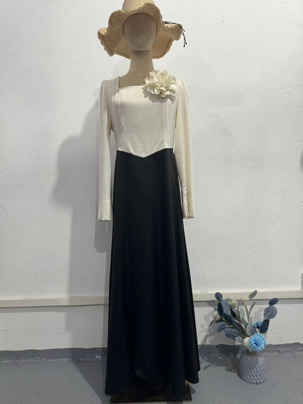 Women's Clothing Color Blocked Satin Long Dress Autumn Floral Slim Fit Women's Clothing Style With Accessories_ecoleips.com