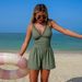Women's One Piece Swimsuit European American Style Solid Color Sporty Conservative Cross Design With Pockets Bikini_ecoleips.com