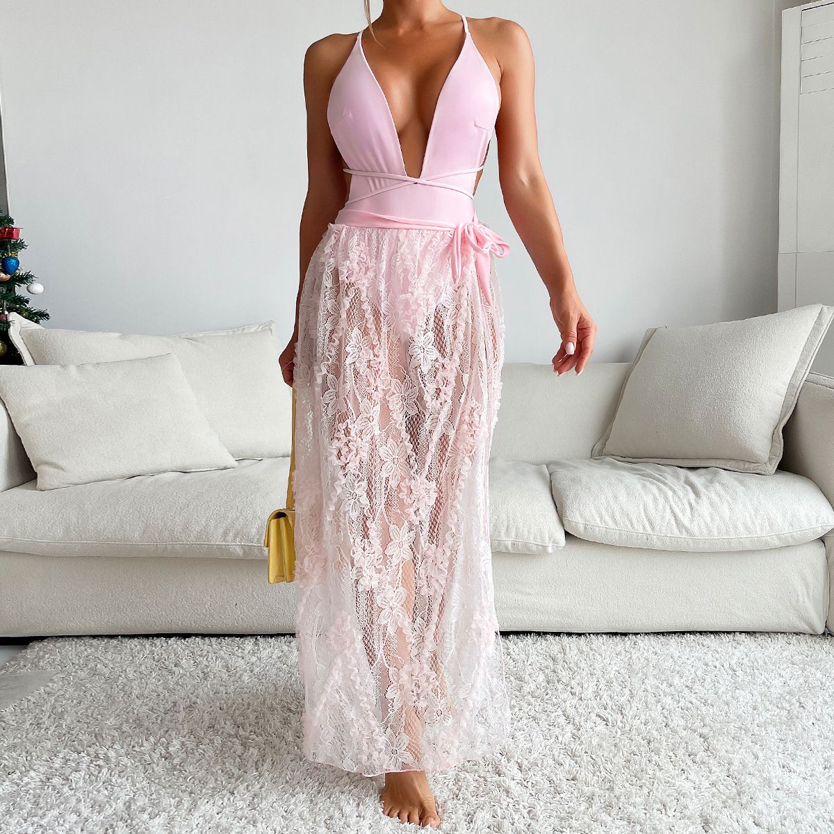 Women's Clothing Beach Long Dress Bikini Lace Deep V Leak Back Strap Sexy One Piece Swimsuit Women_ecoleips.com