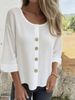 Women's Clothing Elegant Linen Blend Shirt Long Sleeve Round Neck Top Work Casual Breathable Cotton Linen Fabric Relaxed Fit With Patchwork Detail_ecoleips.com