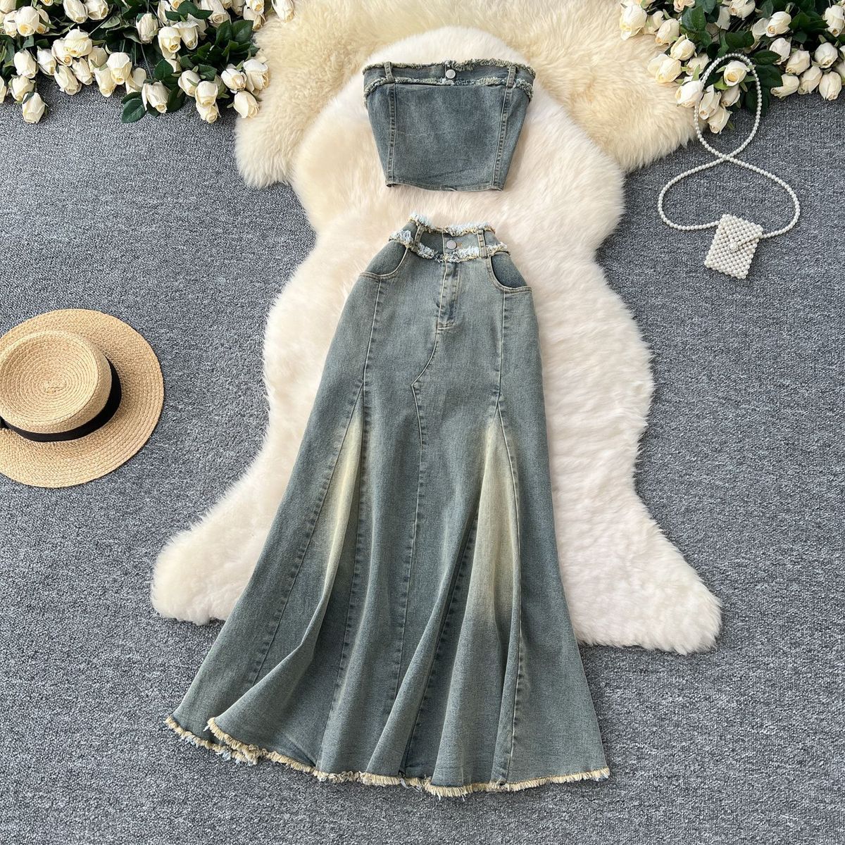 Women's Clothing Girl Outfit: Feminine Raw Edge Sleeveless Tube Top Vest High Waist Fishtail Skirt Denim Two Piece Suit_ecoleips.com