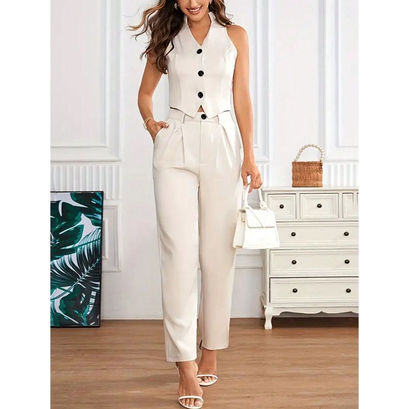 Women's Clothing Fashion Sleeveless Small Vest High Waist Temperament Straight Pants Two Piece Set_ecoleips.com