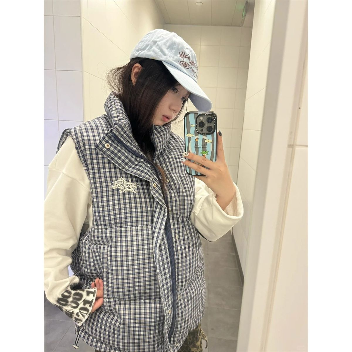Men's & Women's Quilted Puffer Vest With Embroidery - Retro Plaid Design, Stand Collar, Lightweight Warmth For Casual Outfits_ecoleips.com