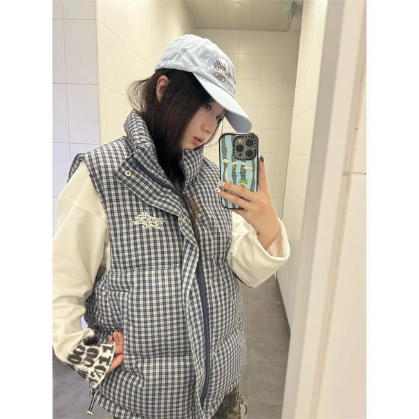 Men's & Women's Quilted Puffer Vest With Embroidery - Retro Plaid Design, Stand Collar, Lightweight Warmth For Casual Outfits_ecoleips.com