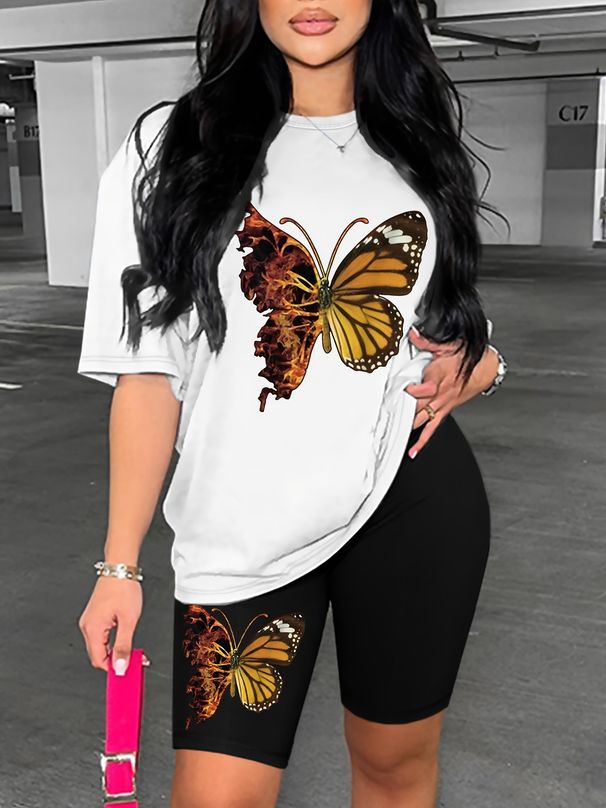 Summer Women's Casual And Fashionable Butterfly Print Loose T-shirt+shorts Two-piece Sportswear Suitable For Daily Wear-33_ecoleips.com