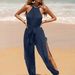 Women's Slimming Sleeveless Beach Cover Up Bodysuit Solid Color Versatile Tie Up Side Slit Sun Protection Swimwear_ecoleips.com