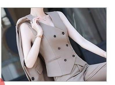 Women's Elegant Blazer Suit Set Professional Office Wear Slim Fit Pantsuit with Optional Vest in Pink Blue Khaki_ecoleips.com