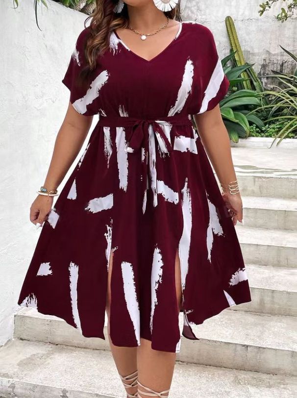 Women's plus Size V Neck Short Sleeve Printed Dress Waist Cinching Summer Style European American New 2026_ecoleips.com