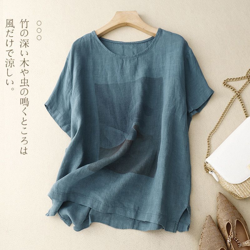 This Simple, Minimalist Cotton And Linen Short-Sleeved Top With A Printed Design Offers Great Versatility As A Loose-Fit_ecoleips.com